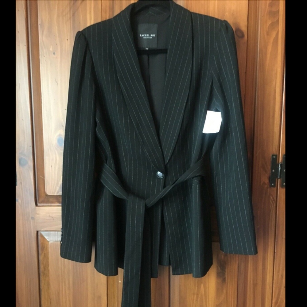 Rachel Roy Black Pinstripe Puff Sleeve Belted Blazer Nordstrom Jeans & W…